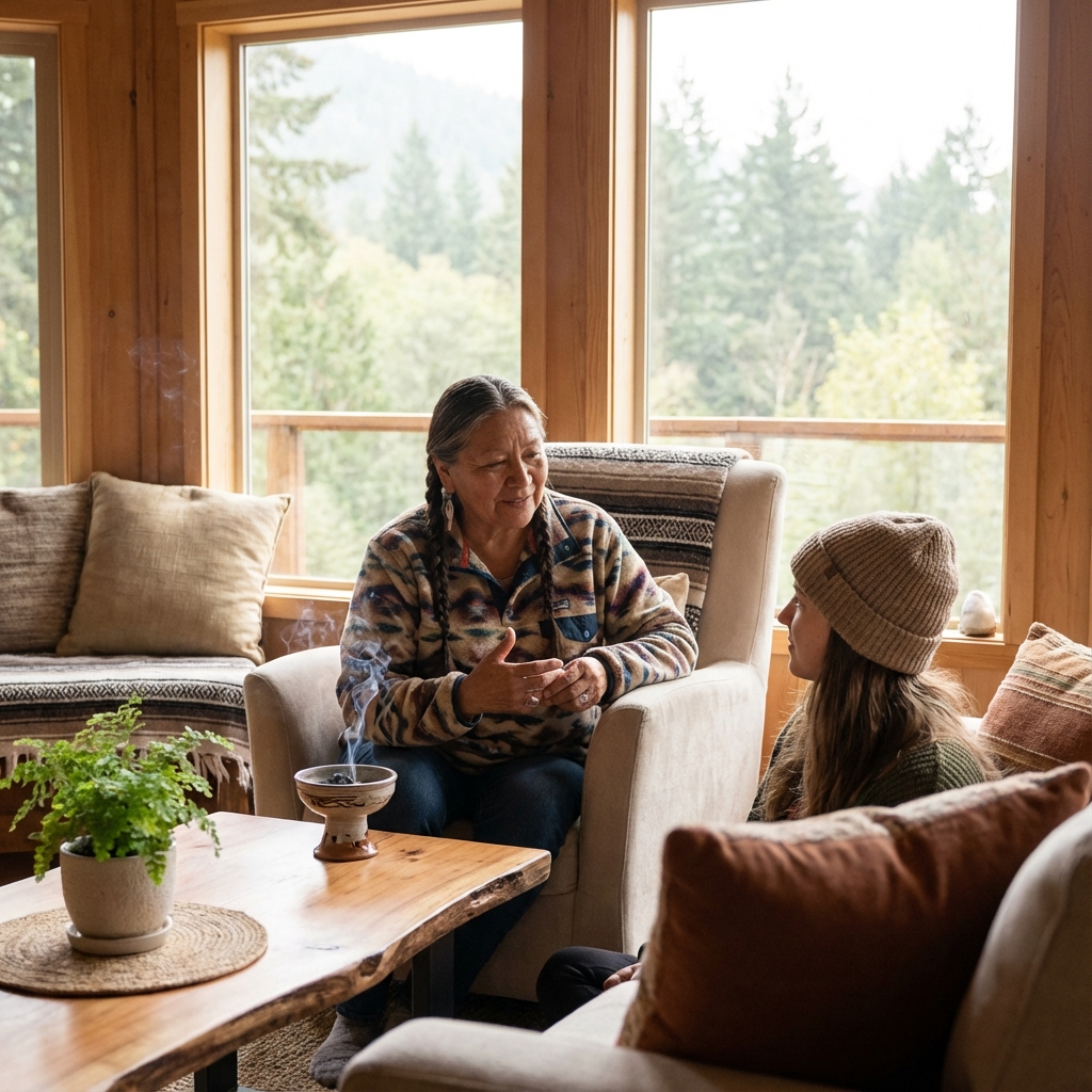 Elder offering guidance in wellness room